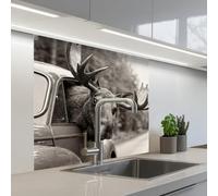 KitchenYeah© Splashback for kitchen 32"x32" / 80x80 cm self-adhesive Wall Protector Splash Back Cooker Backsplash Moose - Car - Antlers - Black - White