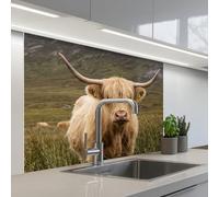 KitchenYeah© Splashback for kitchen 32"x39" / 80x100 cm self-adhesive Back Splashes Kitchens Splash Guard Decor Scotch highlander - Mountains - Grass field