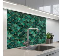 KitchenYeah© Splashback for kitchen 32"x39" / 80x100 cm self-adhesive Sink Splash Splatter Guard Splashbacks Walls Scales - Texture - Deep green - Gold
