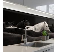 KitchenYeah© Splashback for kitchen 32"x59" / 80x150 cm self adhesive Sink Splash Splatter Guard Backsplash Decor Horses - Black - White - Herd