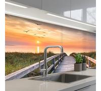 KitchenYeah© Splashback for kitchen 32"x59" / 80x150 cm self-adhesive Sink Splash Splatter Guard Splashbacks Walls Sunset - Sea - Path - Grass - Dune - Birds