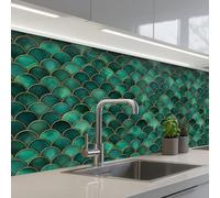 KitchenYeah© Splashback for kitchen 32"x59" / 80x150 cm self-adhesive Sink Splash Splatter Guard Splashbacks Walls Scales - Texture - Deep green - Gold