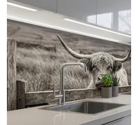 KitchenYeah© Splashback for kitchen 32"x59" / 80x150 cm self-adhesive Wall Protector Decor Panels Cooker Backsplash Scottish Highlander - Black - White - Wood