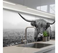 KitchenYeah© Splashback for kitchen 32"x59" / 80x150 cm self-adhesive Wall Protector Decor Panels Cooker Backsplash Scottish highlander - Black - White - Grass