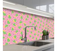 KitchenYeah© Splashback for kitchen 32"x59" / 80x150 cm self-adhesive Wall Protector Splash Back Cooker Backsplash Pink - Stripes - Green - Pear