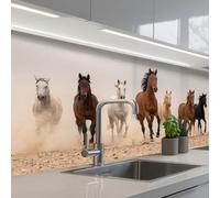 KitchenYeah© Splashback for kitchen 32"x79" / 80x200 cm self-adhesive Sink Splash Splatter Guard Splashbacks Walls Herd of horses - Dust cloud - Brown - Black