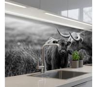 KitchenYeah© Splashback for kitchen 32"x79" / 80x200 cm self-adhesive Wall Protector Decor Panels Cooker Backsplash Scottish highlander - Calf - Black - White