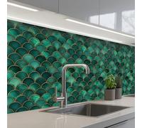 KitchenYeah© Splashback for kitchen 32"x98" / 80x250 cm self-adhesive Sink Splash Splatter Guard Splashbacks Walls Scales - Texture - Deep green - Gold