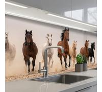 KitchenYeah© Splashback for kitchen 32"x98" / 80x250 cm self-adhesive Sink Splash Splatter Guard Splashbacks Walls Herd of horses - Dust cloud - Brown - Black
