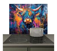 KitchenYeah© Splashback for kitchen 58x51 cm Splash Splatter Guard Backsplash Decor, Induction hob protector Scottish Highlander - Abstract - Colorful