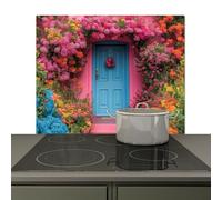 KitchenYeah© Splashback for kitchen 59x51 cm Splash Splatter Guard Backsplash Decor, Induction hob protector Flowers - Door - Pink