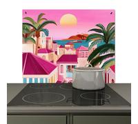 KitchenYeah© Splashback for kitchen 59x51 cm Splash Splatter Guard Splashbacks Walls, Induction hob cover City - Pink - Palm trees