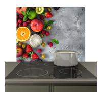 KitchenYeah© Splashback for kitchen 59x51 cm Wall Protector Splash Back Cooker Backsplash, Induction hob mat Fruit - Concrete - Fruits - Grey