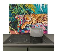 KitchenYeah© Splashback for kitchen 59x52 cm Splash Splatter Guard Splashbacks Walls, Induction hob cover Leopard - Colorful - Tropical