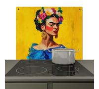 KitchenYeah© Splashback for kitchen 60x52 cm Splash Splatter Guard Backsplash Decor, Induction hob protector Frida Kahlo - Woman - Yellow - Blue - Flowers
