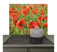 KitchenYeah© Splashback for kitchen 60x52 cm Splash Splatter Guard Splashbacks Walls, Induction hob cover Flowers - Poppies - Red - Green