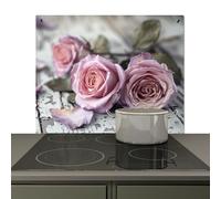 KitchenYeah© Splashback for kitchen 65x52 cm Splash Splatter Guard Splashbacks Walls, Induction hob cover Roses - Vintage - Pink - Wood