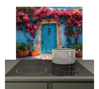 KitchenYeah© Splashback for kitchen 65x52 cm Wall Decor Panels Cooker Backsplash, Induction hob protector mat Door - Wood - Flowers - Blue
