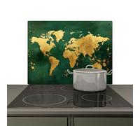 KitchenYeah© Splashback for kitchen 70x52 cm Wall Decor Panels Cooker Backsplash, Induction hob protector mat World map - Green - Gold