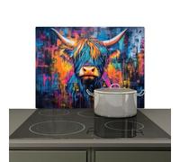 KitchenYeah© Splashback for kitchen 75x52 cm Splash Splatter Guard Backsplash Decor, Induction hob protector Scottish Highlander - Abstract - Colorful