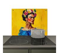 KitchenYeah© Splashback for kitchen 75x52 cm Splash Splatter Guard Backsplash Decor, Induction hob protector Frida Kahlo - Woman - Yellow - Blue - Flowers