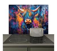 KitchenYeah© Splashback for kitchen 76x51 cm Splash Splatter Guard Backsplash Decor, Induction hob protector Scottish Highlander - Abstract - Colorful