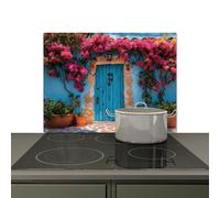 KitchenYeah© Splashback for kitchen 77x59 cm Wall Decor Panels Cooker Backsplash, Induction hob protector mat Door - Wood - Flowers - Blue