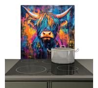 KitchenYeah© Splashback for kitchen 78x78 cm Splash Splatter Guard Backsplash Decor, Induction hob protector Scottish Highlander - Abstract - Colorful