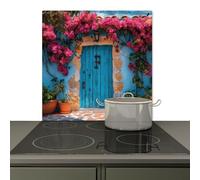 KitchenYeah© Splashback for kitchen 78x78 cm Wall Decor Panels Cooker Backsplash, Induction hob protector mat Door - Wood - Flowers - Blue