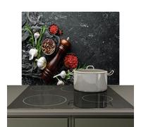 KitchenYeah© Splashback for kitchen 81x52 cm Back Splashes Kitchens Splash Guard Decor, Ceramic hob covers Herbs - Pepper - Garlic - Concrete