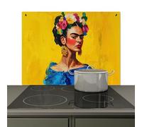 KitchenYeah© Splashback for kitchen 81x52 cm Splash Splatter Guard Backsplash Decor, Induction hob protector Frida Kahlo - Woman - Yellow - Blue - Flowers