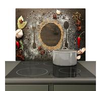 KitchenYeah© Splashback for kitchen 81x52 cm Splash Splatter Guard Backsplash Decor, Induction hob protector Wood - Herbs - Cutlery - Plate