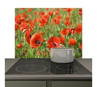 KitchenYeah© Splashback for kitchen 81x52 cm Splash Splatter Guard Splashbacks Walls, Induction hob cover Flowers - Poppies - Red - Green