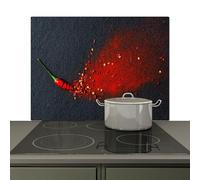 KitchenYeah© Splashback for kitchen 81x52 cm Splash Splatter Guard Splashbacks Walls, Induction hob cover Pepper - Herbs - Concrete - Red - Grey