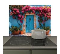KitchenYeah© Splashback for kitchen 81x52 cm Wall Decor Panels Cooker Backsplash, Induction hob protector mat Door - Wood - Flowers - Blue