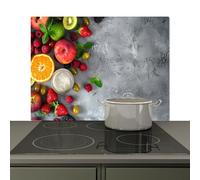 KitchenYeah© Splashback for kitchen 81x52 cm Wall Protector Splash Back Cooker Backsplash, Induction hob mat Fruit - Concrete - Fruits - Grey
