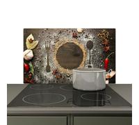 KitchenYeah© Splashback for kitchen 83x51 cm Splash Splatter Guard Backsplash Decor, Induction hob protector Wood - Herbs - Cutlery - Plate