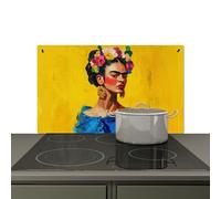KitchenYeah© Splashback for kitchen 83x51 cm Splash Splatter Guard Backsplash Decor, Induction hob protector Frida Kahlo - Woman - Yellow - Blue - Flowers