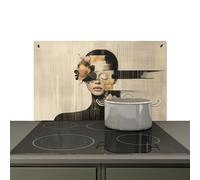 KitchenYeah© Splashback for kitchen 85x52 cm Splash Splatter Guard Backsplash Decor, Induction hob protector Face - Flowers - Black - Woman