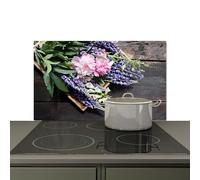 KitchenYeah© Splashback for kitchen 85x52 cm Splash Splatter Guard Splashbacks Walls, Induction hob cover Flowers - Vintage - Wood