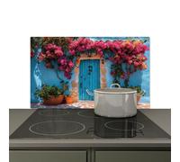 KitchenYeah© Splashback for kitchen 85x52 cm Wall Decor Panels Cooker Backsplash, Induction hob protector mat Door - Wood - Flowers - Blue