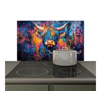 KitchenYeah© Splashback for kitchen 89x51 cm Splash Splatter Guard Backsplash Decor, Induction hob protector Scottish Highlander - Abstract - Colorful