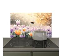 KitchenYeah© Splashback for kitchen 90x52 cm Splash Splatter Guard Splashbacks Walls, Induction hob cover Violets - bee - Sunlight