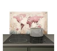 KitchenYeah© Splashback for kitchen 90x52 cm Splash Splatter Guard Splashbacks Walls, Induction hob cover World map - Pink - Flowers