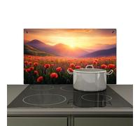 KitchenYeah© Splashback for kitchen 91x52 cm Splash Splatter Guard Splashbacks Walls, Induction hob cover Landscape - Sunset - Field of flowers