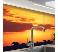 KitchenYeah© Splashback for Kitchen self-Adhesive Back Splashes Kitchens | 24"x32" / 60x80 cm - Splash Guard Decor Elephants - Sunset - Animals - Horizon