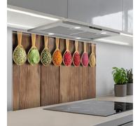KitchenYeah© Splashback for Kitchen self Adhesive Sink Splash Splatter | 24"x35" / 60x90 cm - Guard Backsplash Decor Spoons - Herbs - Wood