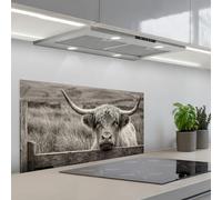 KitchenYeah© Splashback for Kitchen self-Adhesive Wall Protector Decor | 18"x35" / 45x90 cm - Panels Cooker Backsplash Scottish Highlander - Black - White - Wood