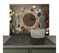 KitchenYeah© Splashback for Kitchen Splash Splatter Guard Backsplash Decor | 60x52 cm - Induction hob protector Wood - Herbs - Cutlery - Plate
