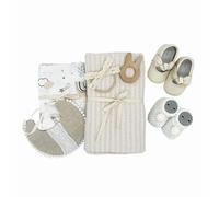 KitchKit Luxury Baby Gift Set, Knitted Blanket, Patterned Muslin Blanket, Gingham Bib, Knitted Baby Booties, Baby Shoes, Shaped Wooden Teether, Headband or Pacifier Hanger (7, Creme, Full Set)